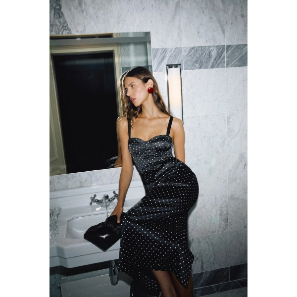 ROTATE Birger Christensen Satin Midi Bustier Dress Black Polka | Midi Dresses | Coveti
