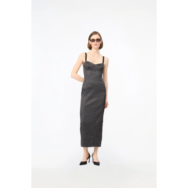 ROTATE Birger Christensen Satin Midi Bustier Dress Black Polka | Midi Dresses | Coveti