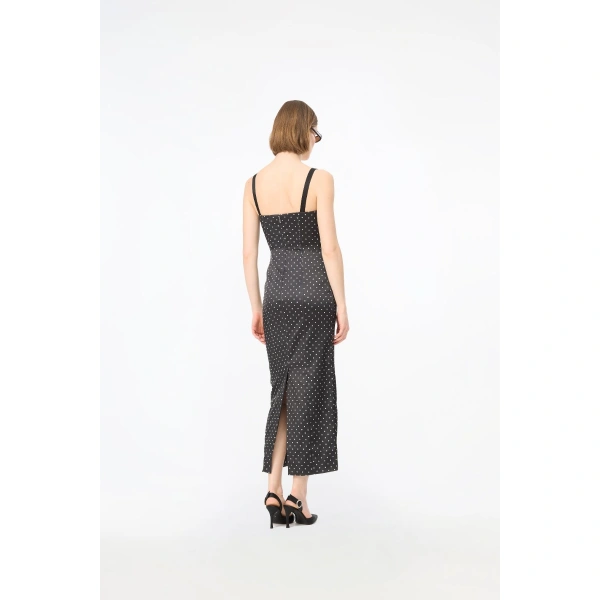 ROTATE Birger Christensen Satin Midi Bustier Dress Black Polka | Midi Dresses | Coveti