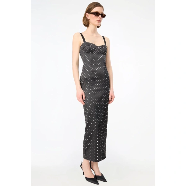 ROTATE Birger Christensen Satin Midi Bustier Dress Black Polka | Midi Dresses | Coveti