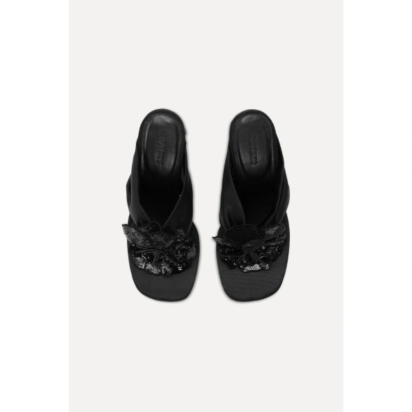 ROTATE Birger Christensen Satin Tongue Flower Sandal Black | Sandals | Coveti