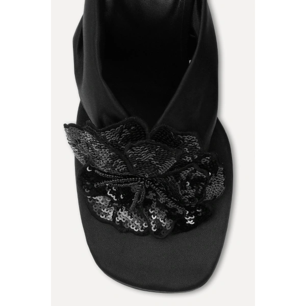 ROTATE Birger Christensen Satin Tongue Flower Sandal Black | Sandals | Coveti