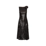 ROTATE Birger Christensen Sequins Midi Flared Dress Dark Brown | Midi Dresses | Coveti