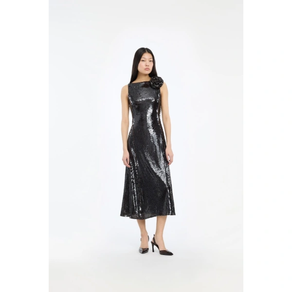 ROTATE Birger Christensen Sequins Midi Flared Dress Dark Brown | Midi Dresses | Coveti