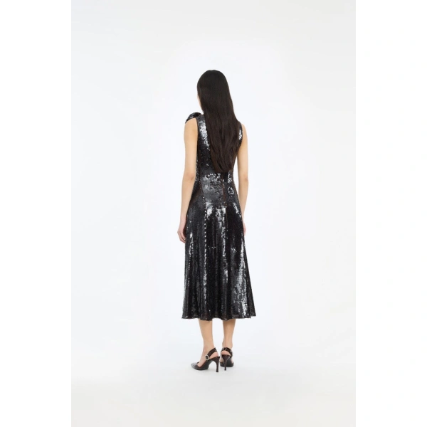 ROTATE Birger Christensen Sequins Midi Flared Dress Dark Brown | Midi Dresses | Coveti