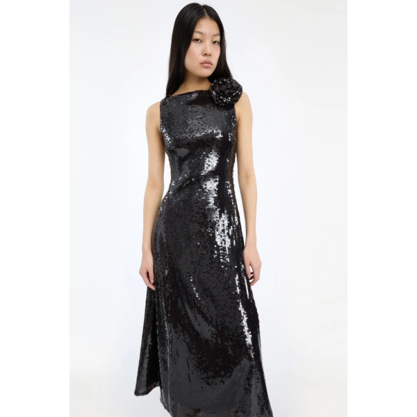 ROTATE Birger Christensen Sequins Midi Flared Dress Dark Brown | Midi Dresses | Coveti