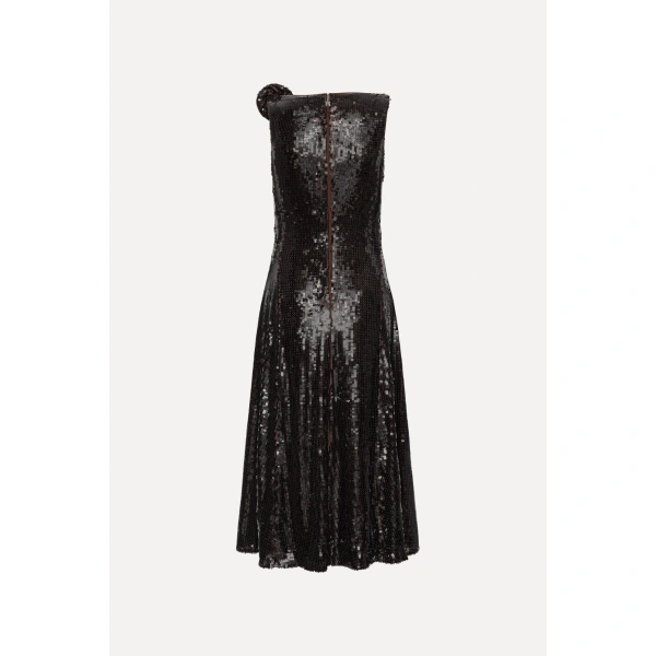 ROTATE Birger Christensen Sequins Midi Flared Dress Dark Brown | Midi Dresses | Coveti