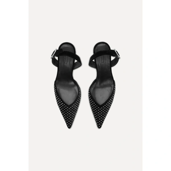ROTATE Birger Christensen Velvet Slingback Mule Rhinestone Black | Mules | Coveti