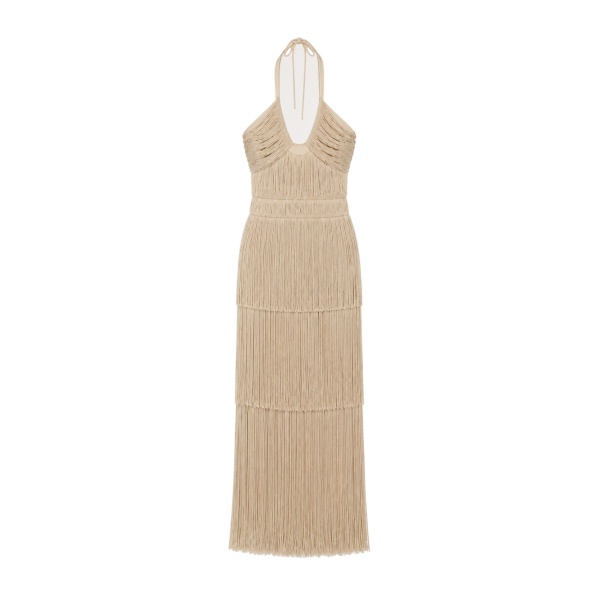 SIMKHAI Baldwin Draped Fringe Gown in Champagne