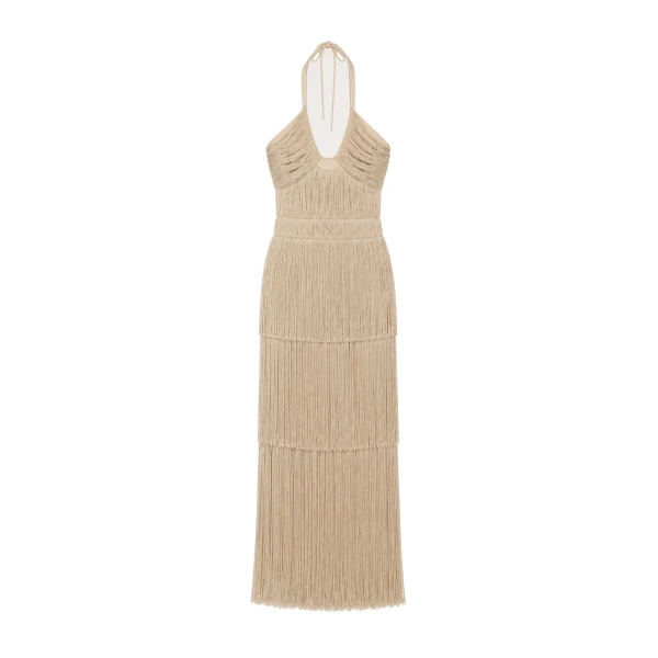 SIMKHAI Baldwin Draped Fringe Gown in Champagne