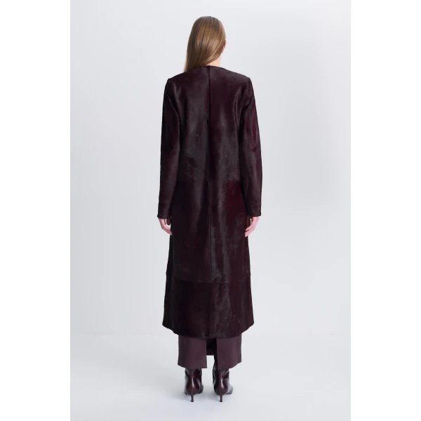 Bowie Collarless Calf Hair Coat in Fig - Image 5