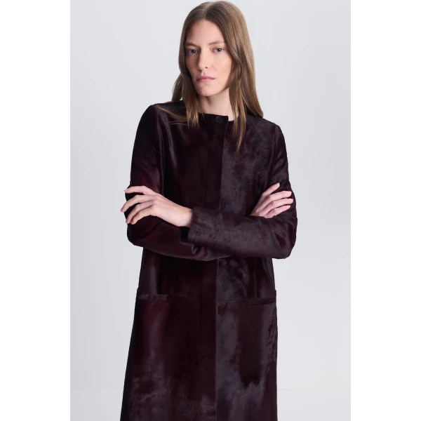 Bowie Collarless Calf Hair Coat in Fig - Image 6