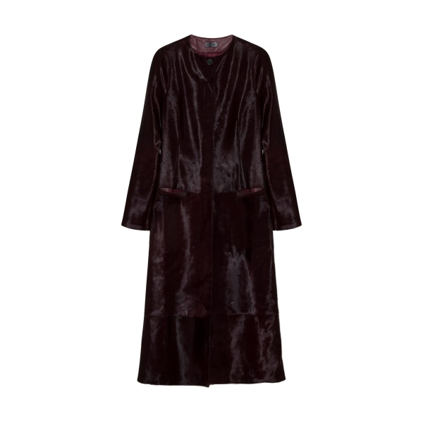 SIMKHAI Bowie Collarless Calf Hair Coat in Fig