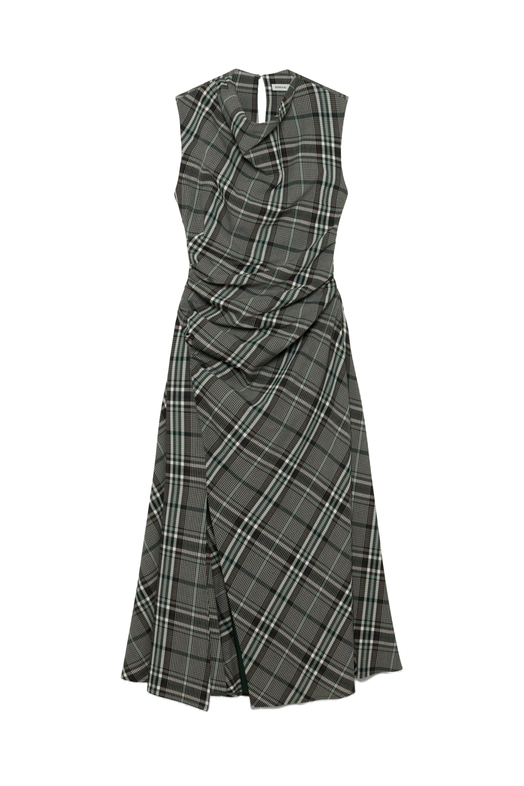 SIMKHAI Burke Draped Midi Dress in Everglade Plaid SIMKHAI Burke Draped Midi Dress in Everglade Plaid