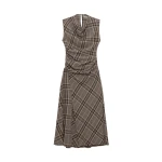 SIMKHAI Burke Draped Midi Dress in Otter Plaid