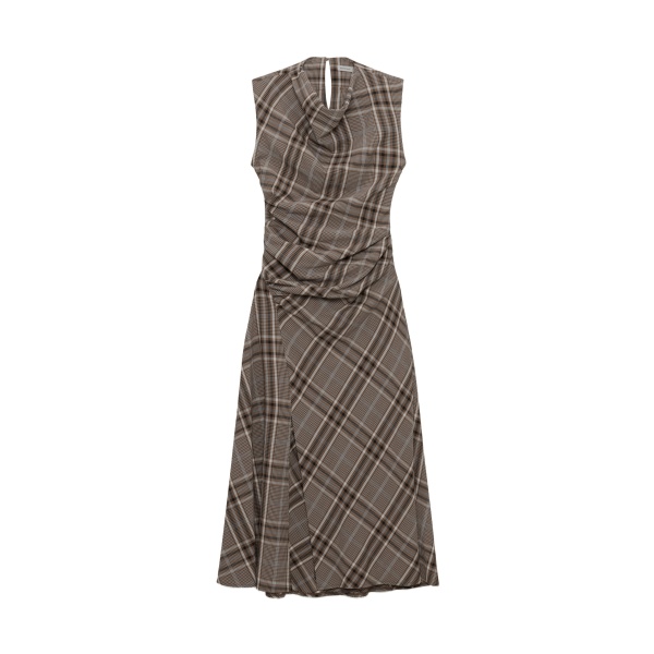 SIMKHAI Burke Draped Midi Dress in Otter Plaid