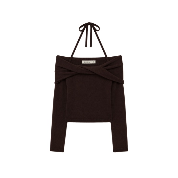 SIMKHAI Cambria Off Shoulder Knit Top in Chocolate