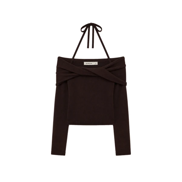SIMKHAI Cambria Off Shoulder Knit Top in Chocolate