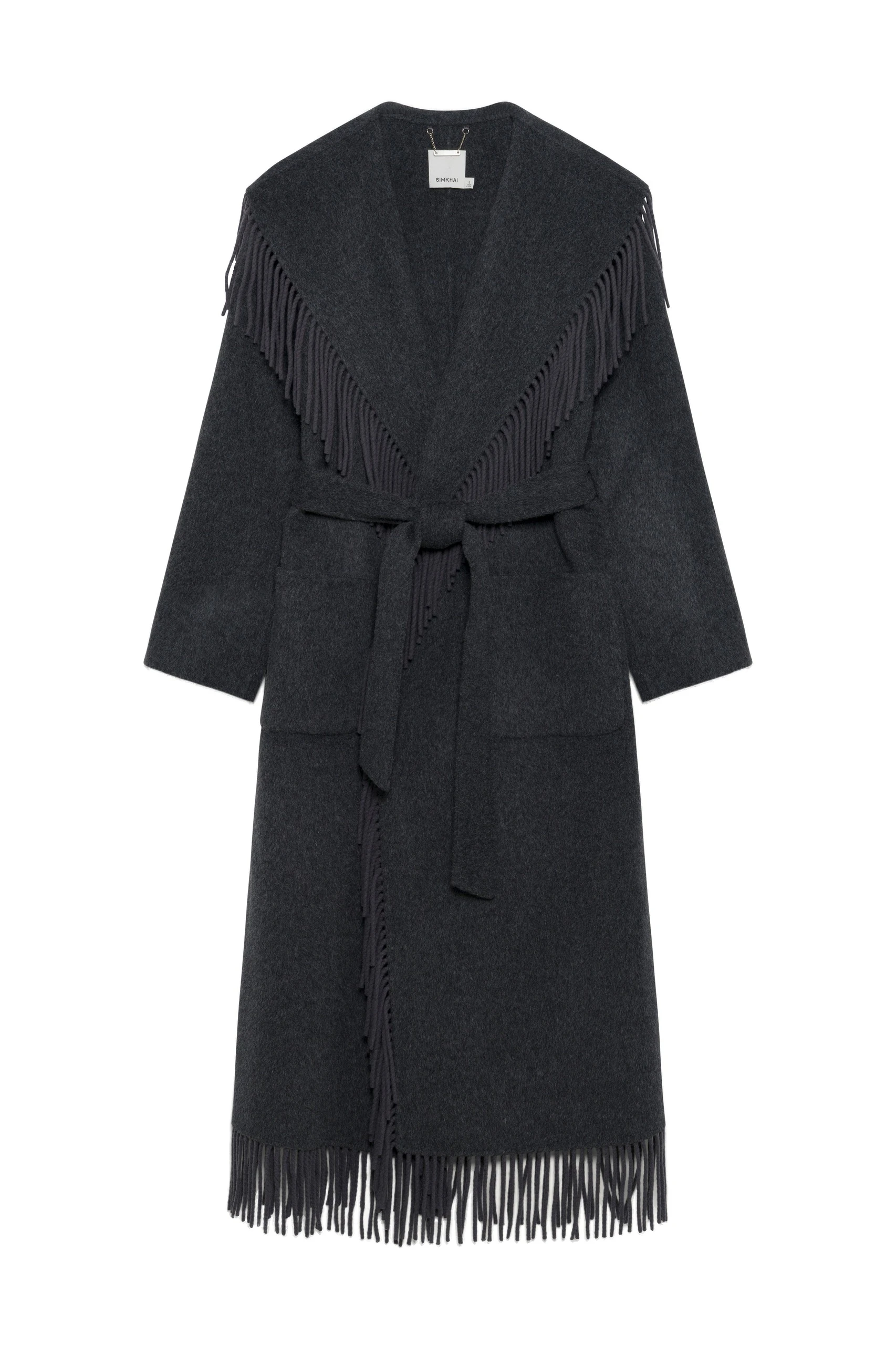 SIMKHAI Carrie Fringe Coat in Dark Charcoal SIMKHAI Carrie Fringe Coat in Dark Charcoal