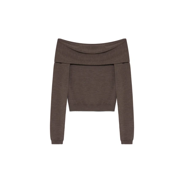 Delphia Off-Shoulder Merino Wool Sweater in Birch Melange