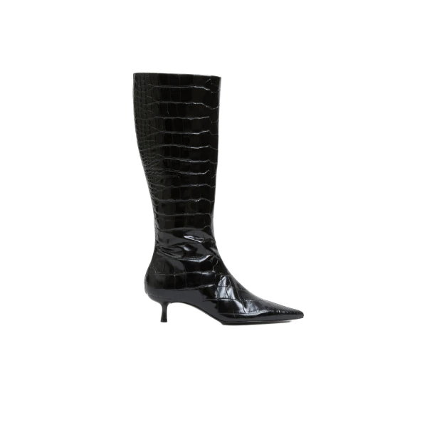 SIMKHAI Janine Croc-Embossed Leather Knee High Boot in Black