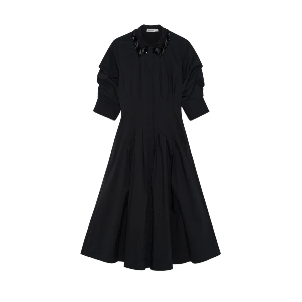 Jazz Embellished Pintuck Midi Dress in Black
