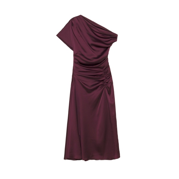 SIMKHAI Joanna Off Shoulder Satin Midi Dress in Fig