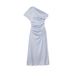 SIMKHAI Joanna Off Shoulder Satin Midi Dress in Periwinkle Sky