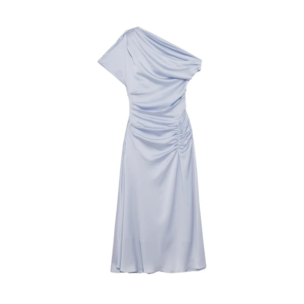 Joanna Off Shoulder Satin Midi Dress in Periwinkle Sky
