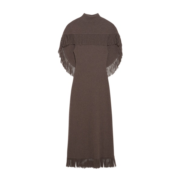 SIMKHAI Jordan Knit Fringe Midi Dress in Mushroom Melange