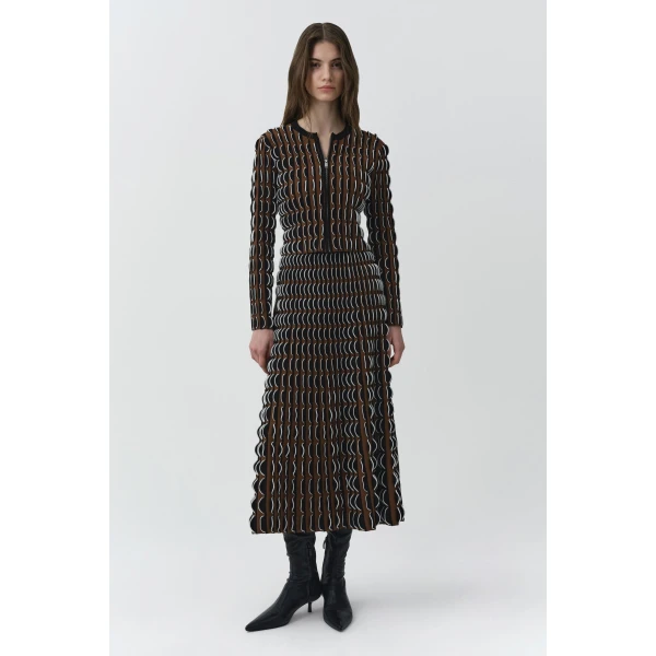 SIMKHAI Kylie Scalloped Compact Knit Cardigan in Dark Ochre Multi