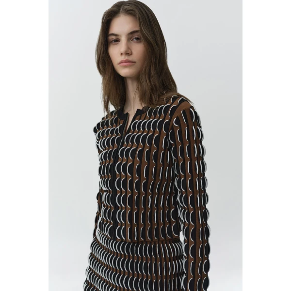 SIMKHAI Kylie Scalloped Compact Knit Cardigan in Dark Ochre Multi