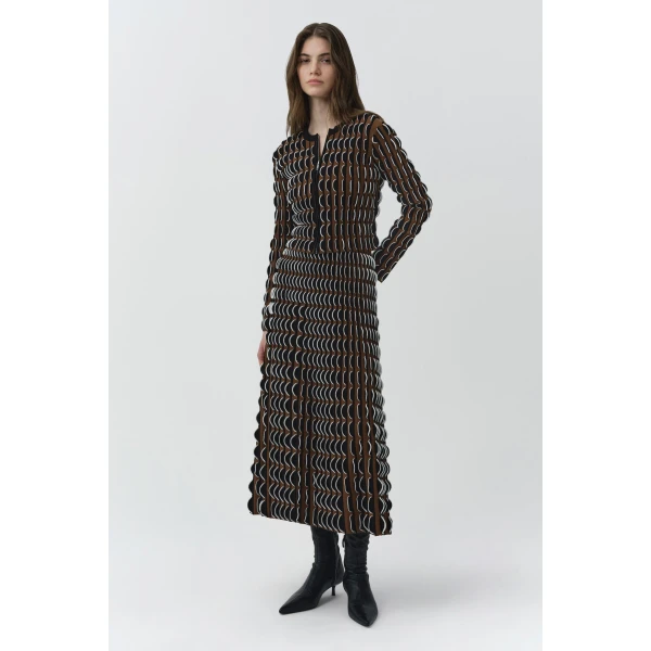 SIMKHAI Kylie Scalloped Compact Knit Cardigan in Dark Ochre Multi