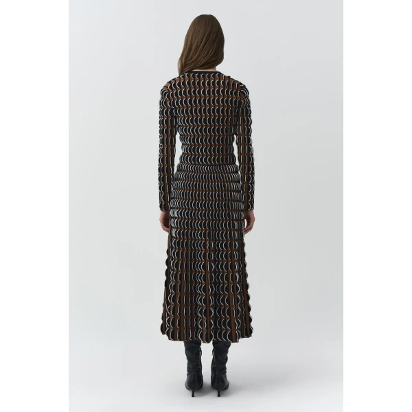 SIMKHAI Kylie Scalloped Compact Knit Cardigan in Dark Ochre Multi