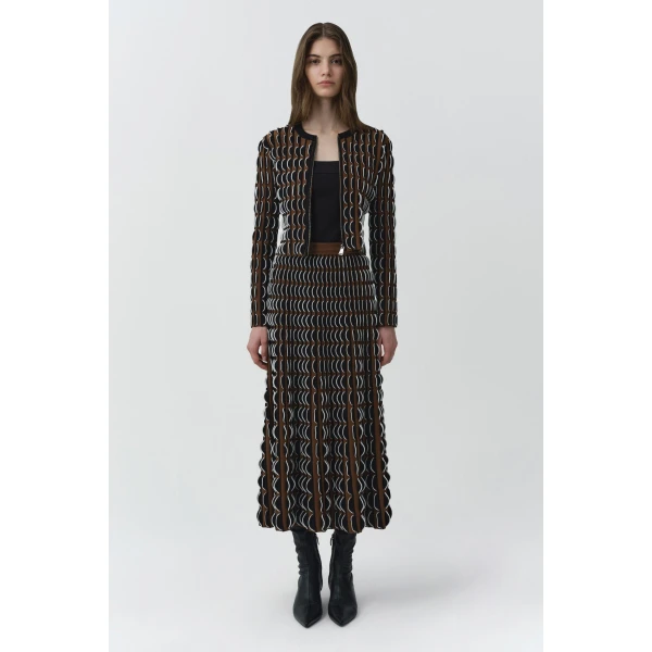 SIMKHAI Kylie Scalloped Compact Knit Cardigan in Dark Ochre Multi