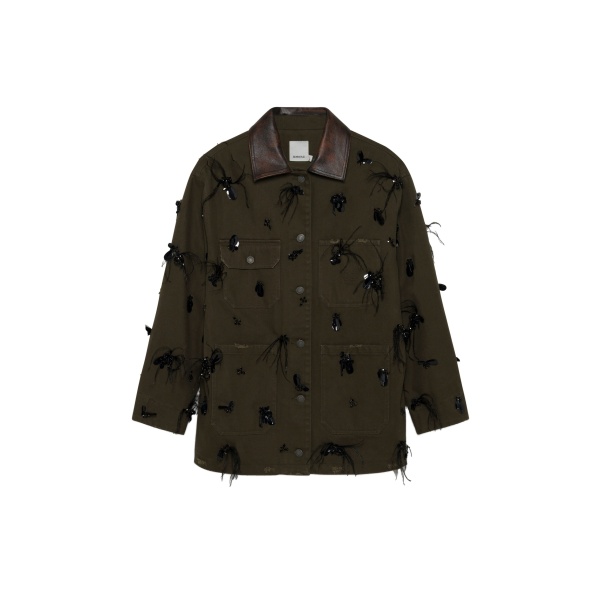 SIMKHAI Larz Embellished Denim Jacket in Dark Olive
