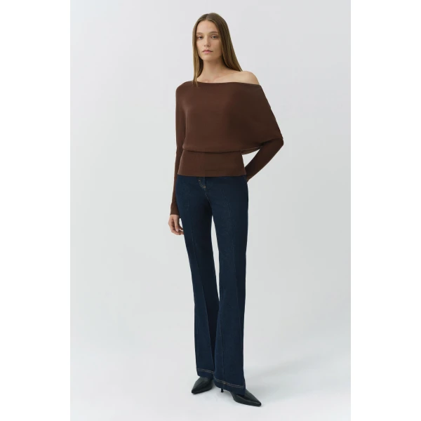 SIMKHAI Lavina Off Shoulder Knit Sweater in Chocolate
