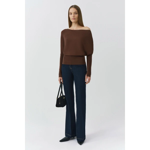 SIMKHAI Lavina Off Shoulder Knit Sweater in Chocolate