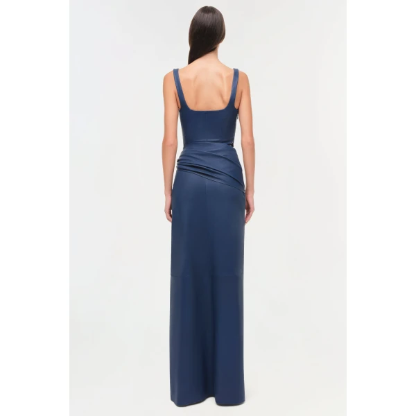 Lyle Draped Leather Dress in Dark Indigo - Image 6