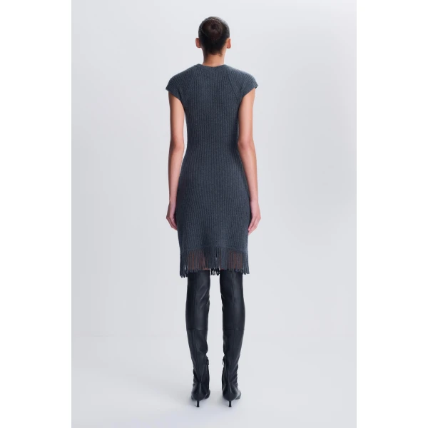Margot Knit Fringe Mini Dress in Dark Charcoal Melange - Image 5