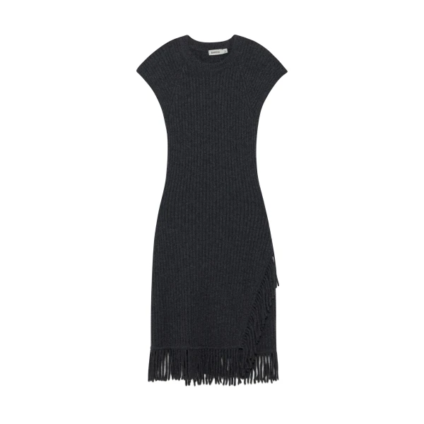 Margot Knit Fringe Mini Dress in Dark Charcoal Melange