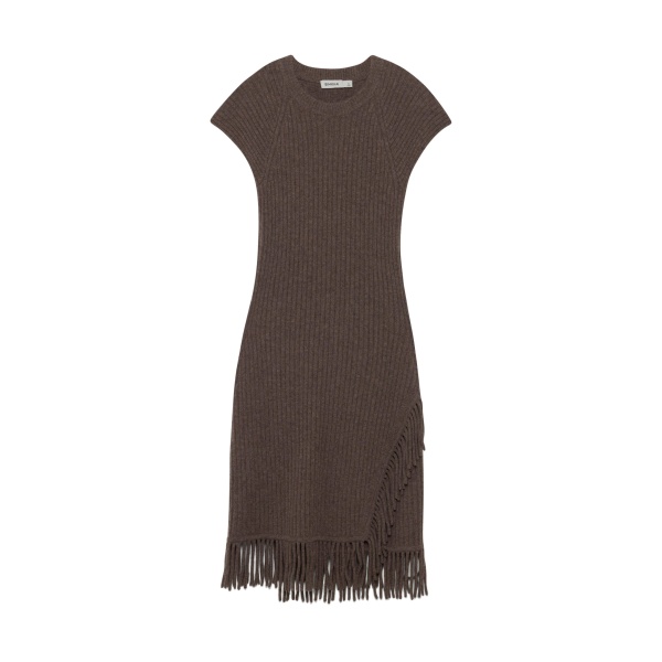 SIMKHAI Margot Knit Fringe Mini Dress in Mushroom Melange