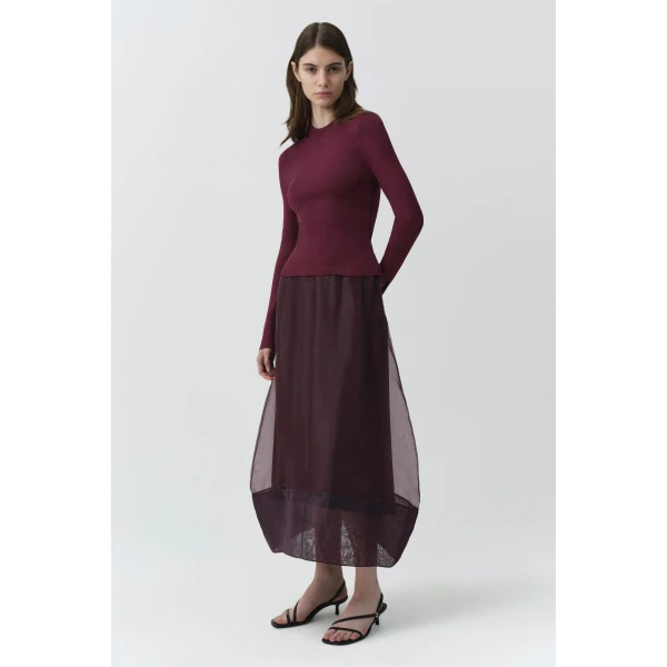 SIMKHAI Maril Knit Organza Midi Dress in Fig