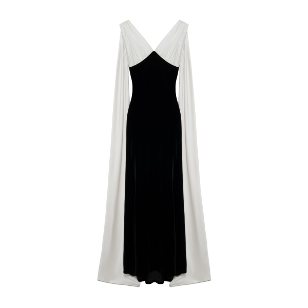SIMKHAI Mariselle Draped Velvet Gown in Black Ivory Multi