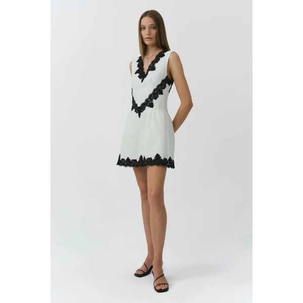 Minna Cotton Faille Lace Mini Dress in Ivory Multi - Image 5