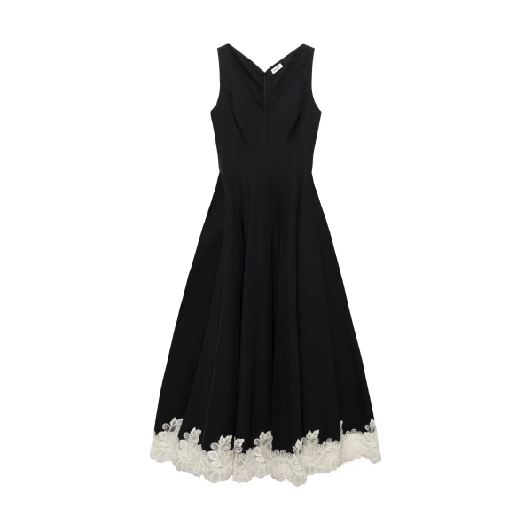 SIMKHAI Mira Cotton Faille Lace Midi Dress in Black Multi