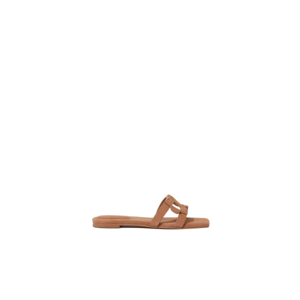SIMKHAI Monogram Suede Flat Slide in Camel