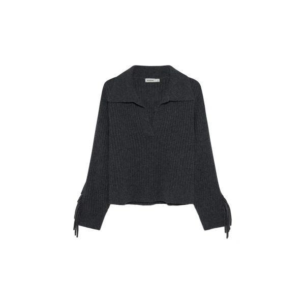SIMKHAI Natalia Collared Fringe Sweater in Dark Charcoal Melange