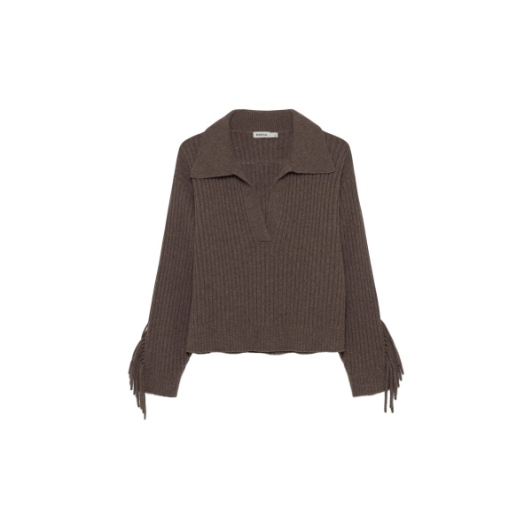 SIMKHAI Natalia Collared Fringe Sweater in Mushroom Melange