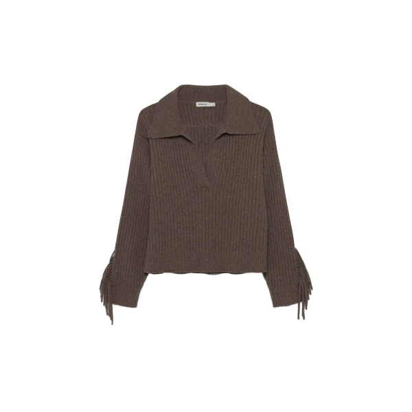 SIMKHAI Natalia Collared Fringe Sweater in Mushroom Melange
